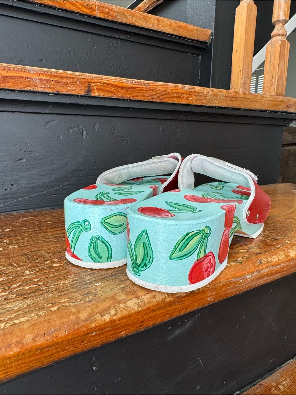 Cherry Print Mint Slide Sandals with Red Leather Straps - Picture 5 of 8